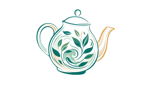 Minimalist glass leaf teapot vector icon illustration for organic wellness and meditation, elegant colorful line design for herbal tea branding and healthy living concepts on white background.