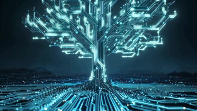 Digital tree circuit technology network glowing blue abstract data connection futuristic computer electric cyber information system pattern motherboard line node light artificial intelligence digital