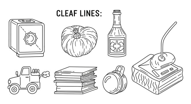 Collection of various black and white line art illustrations of different objects.