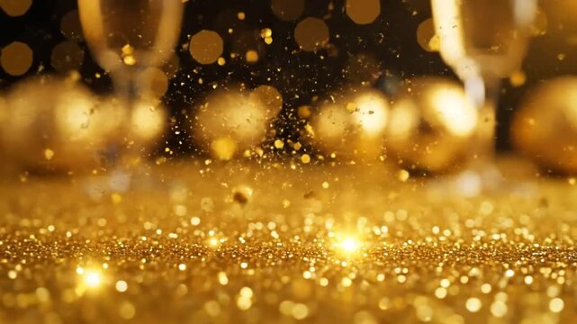 Sparkling gold glitter with holiday celebration bokeh lights and champagne flutes background