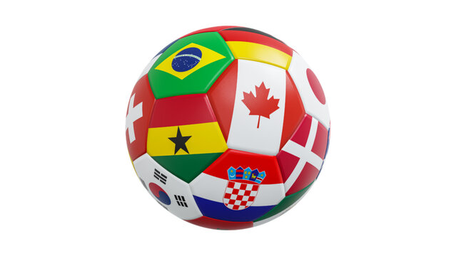 Multicolored soccer ball with international flags on white background symbolizing global sports unity and cultural diversity in a vibrant eye catching display