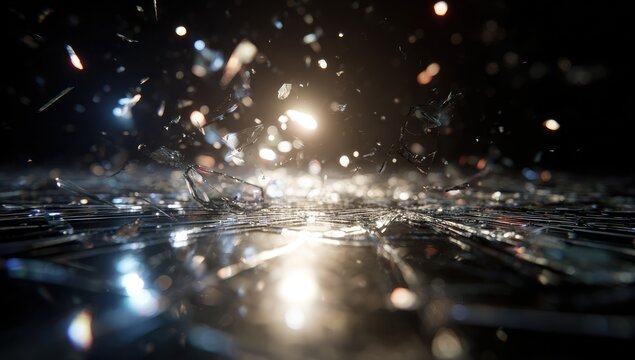 Shards of glass explode outwards, reflecting brilliant light on a dark surface