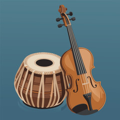 Tabla drum and violin illustration on teal background © Chowhan