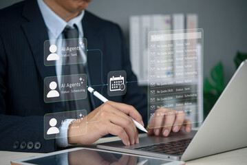 Fototapeta premium AI agents workflow automation dashboard businessman scheduling email quotes laptop