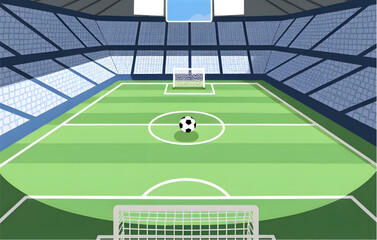 Soccer field with ball in stadium green turf and white lines goalposts and blue seats © Muhammad