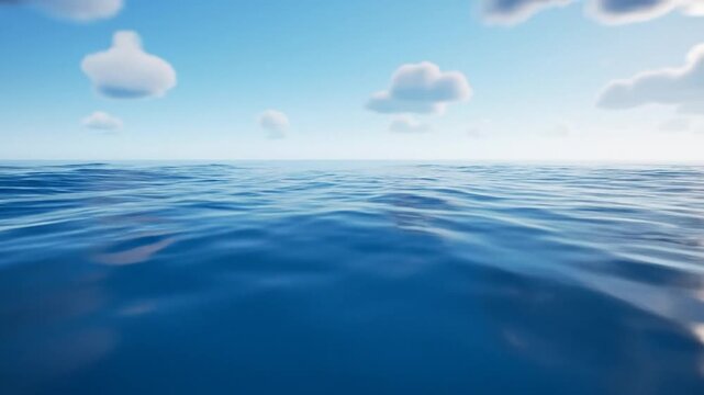 Peaceful blue ocean waves under bright sky with soft clouds