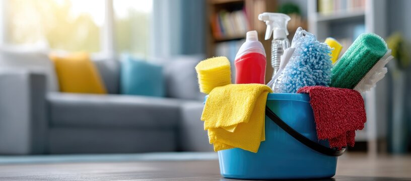 A blue bucket overflows with cleaning supplies, including cloths, sponges, and spray bottles