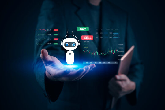 AI Trading Bot Businessman Holding Robo Advisor Hologram Financial Stock Market Chart