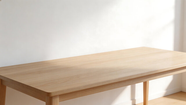 Wooden table in minimalist room emphasizing fluid motion and vibrant color palettes