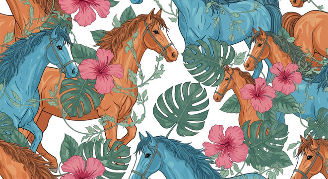 vibrant tropical seamless pattern with horses and hibiscus flowers