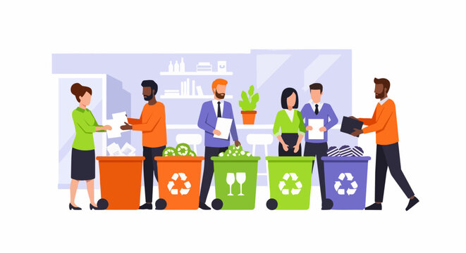 Diverse Office Employees Sorting Waste into Color-Coded Recycling Bins, Sustainable Corporate Ecology and Environment Conservation Concept Illustration