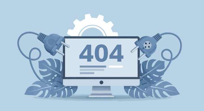 Computer monitor showing four zero four error page message with disconnected power plugs and cogwheel symbol representing website maintenance and broken link.