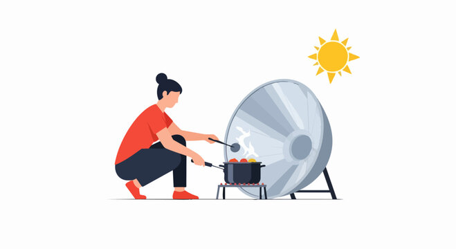 Woman Using Parabolic Solar Cooker for Sustainable Cooking Illustration - Renewable Energy and Eco-Friendly Lifestyle Concept