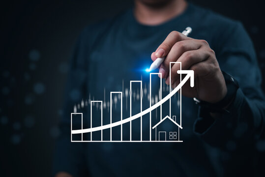 Real estate financial wealth management strategy reliable broker drawing ascending housing market graph property investment portfolio profit trust equity planning future residential security