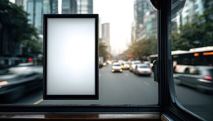Fototapeta premium Blank billboard in city street, motion blurred traffic outside window