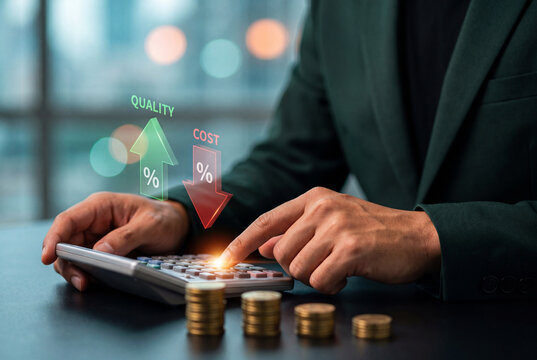 Businessman Calculating Quality and Cost with Calculator