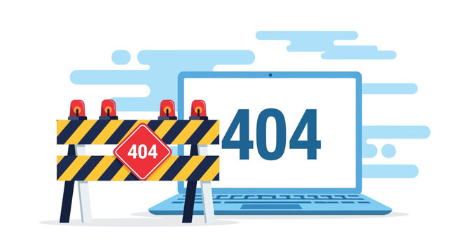 Website error 404 page not found illustration showing laptop screen with barrier and caution lights representing broken links or technical site maintenance.