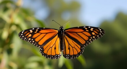 Fototapeta premium Monarch butterfly with wings spread during flight in soft green garden with blurred background bokeh