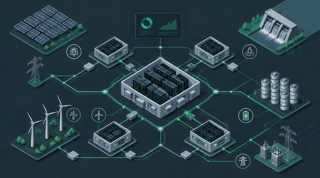 Digital data center power nodes linked in a complex network, representing modern infrastructure connectivity and sustainable energy distribution systems for high performance computing operations.