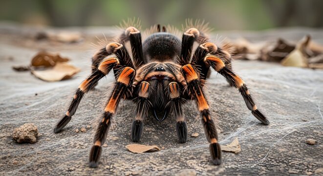 Mexican redknee tarantula poised on rocky ground with dry leaves during daylight