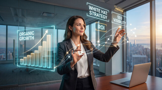Businesswoman Interacting with Digital Interface Showing Organic Growth and SEO Metrics