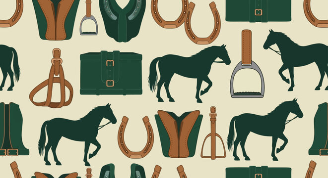 equestrian pattern with horseshoes saddles and horse tack