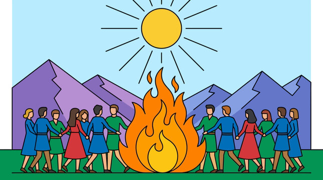 Diverse group of people holding hands and dancing in a circle around a large bonfire with mountains and a bright sun overhead promoting community and