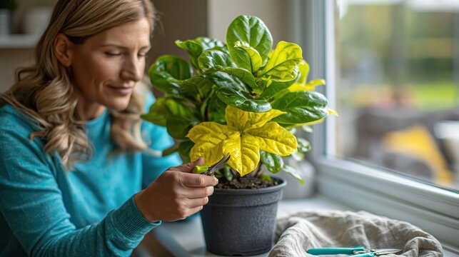 Woman trimming yellow leaves from potted fiddle leaf fig by sunlit window