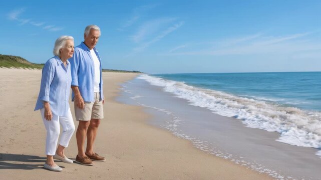 Elderly couple standing on a sunny beach looking at the ocean waves. A heartwarming scene of senior people enjoying a peaceful coastal retreat during their golden years vacation together.