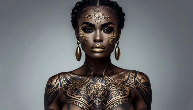 primo piano del volto di una donna africana dalla pelle coperta di tatuaggi color oro e nero, close-up of the face of an african woman with skin covered in gold and black tattoos