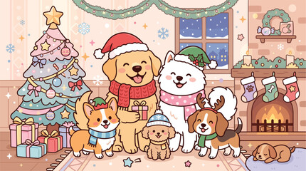 Fototapeta premium Cute Kawaii Christmas Dogs Group with Santa Hats, Scarves, Fireplace, Decorated Tree, and Cozy Holiday Indoor Scene for Pet Lovers Illustration Design