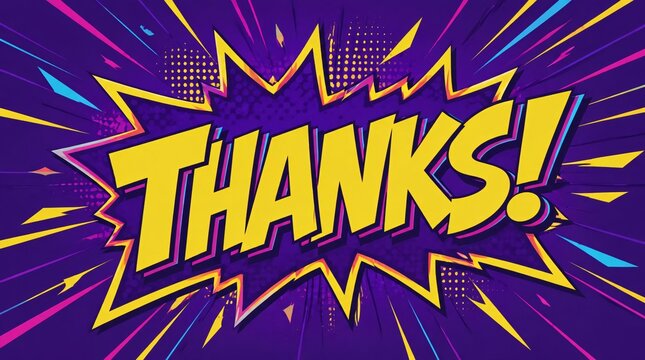 Explosive typography design centering the word thanks in a cinematic widescreen graphic with vibrant comic book style bursts for the year 2026. This dynamic visual is perfect for digital headers.