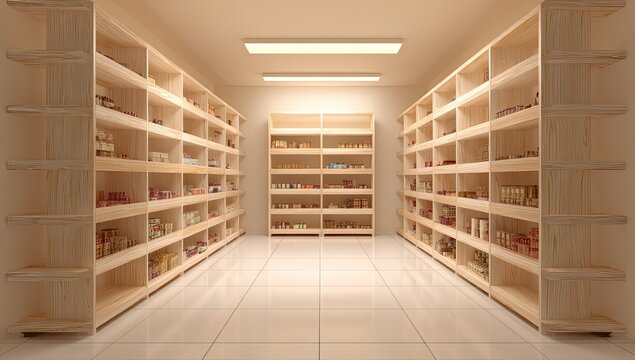Rows of wooden shelves filled with jars and boxes in a well-lit storage room