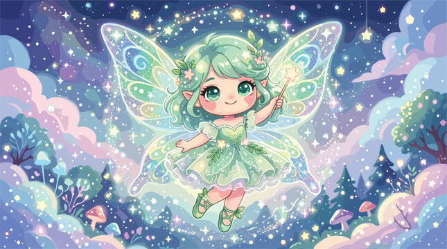Cute Magical Green Fairy Girl with Glowing Wings, Sparkles, Stars, and Enchanted Fantasy Forest Night Sky Background for Fairytale Illustration Design