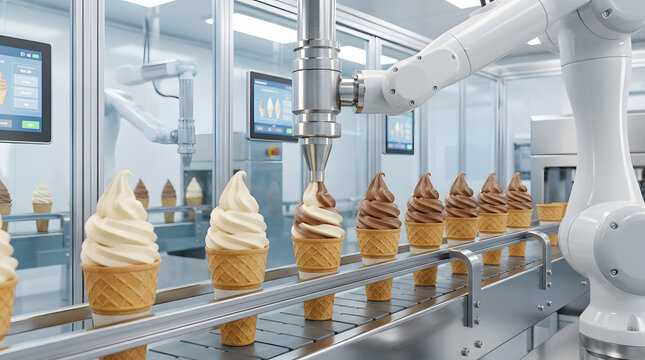 Automated dessert production line filling cupcakes with swirled frosting in sterile food manufacturing facility