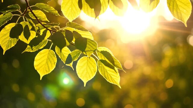 Sunlit green leaves on tree branch with golden bokeh background