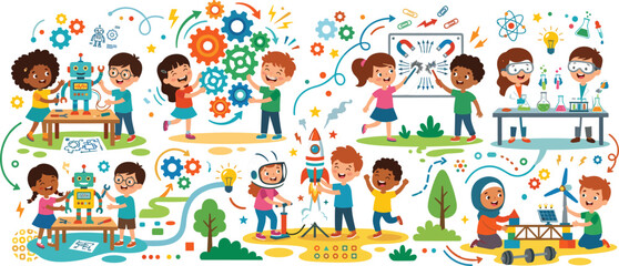 Diverse Kids STEM Education Illustration with Children Learning Science, Technology, Engineering, Robotics, and Creative Activities in Colorful Cartoon  © Md