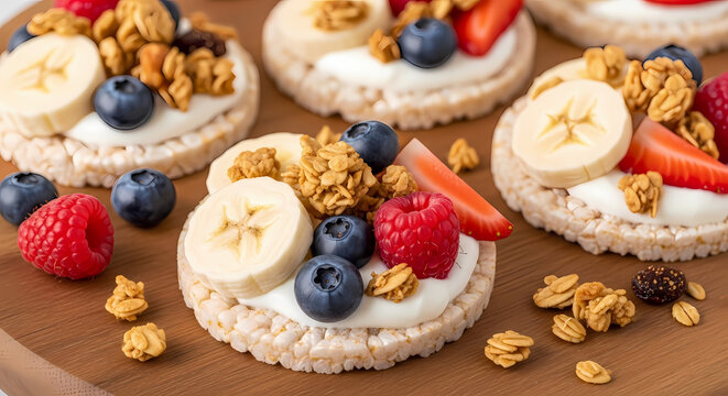 Close up of rice cakes with berries and bananas.