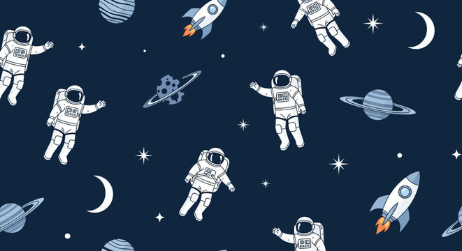 astronauts floating in space with planets and rockets seamless space pattern