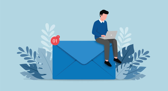 Business professional sitting on large blue envelope working on laptop computer while receiving notifications for new unread messages and email alerts.