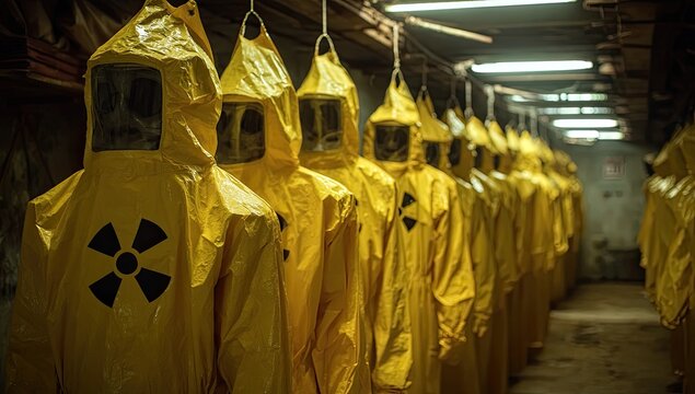 Row of yellow hazmat suits with radiation symbols hanging in a dark room.