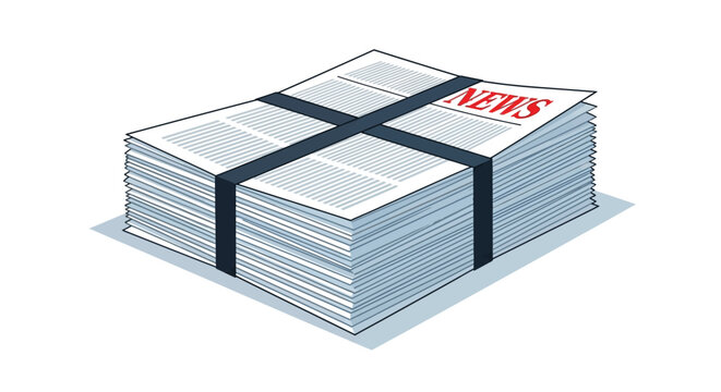 Stack of daily newspaper publications tied with black bands isolated on white background representing print media journalism and global breaking news info.