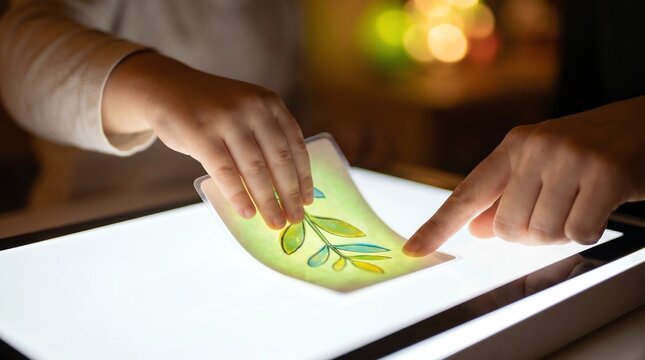 Child Hands Placing Glowing Translucent Plant Flashcard on Light Box with Teacher Pointing During Collaborative Magical Learning