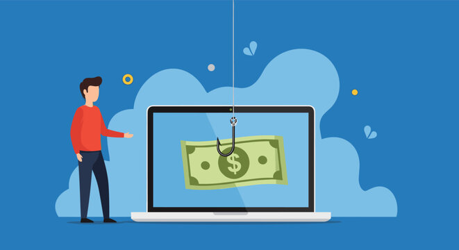Laptop screen showing a dollar bill and a fishing hook hanging from above for phishing and financial scam.