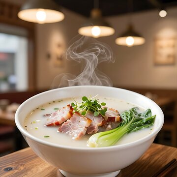 Steaming bowl of Anhui Zang Rou Yan Du Xian noodle soup in restaurant