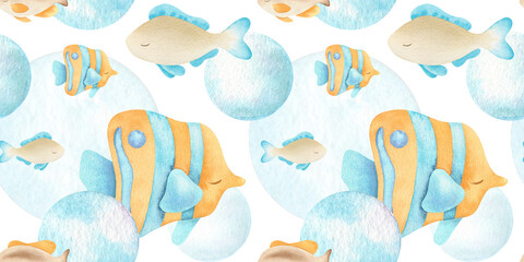 Seamless pattern of hand painted watercolor colorful sea fish and bubbles. Tropical reef fish kids background for textile, wallpaper, nursery bedding. Cute ocean underwater animal marine child print © Fedulova_art