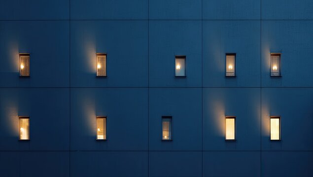 Geometric facade with illuminated rectangular windows at twilight