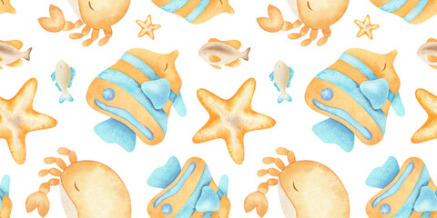 Sea fish, starfish, and crabs hand painted watercolor seamless pattern. Tropical coastal inhabitant kid background for textile, wallpaper, nursery bedding. Ocean underwater animal marine child print © Fedulova_art