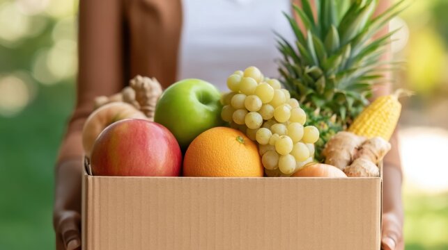 Fresh healthy fruit and vegetable harvest in cardboard box for wellness
