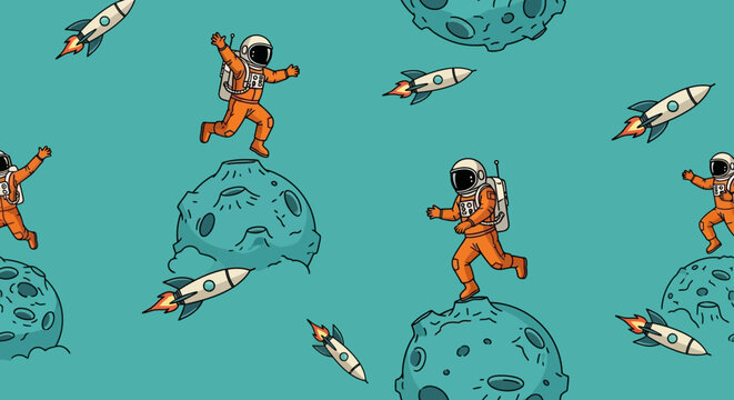 cartoon astronauts jumping between asteroids with rockets flying space exploration theme